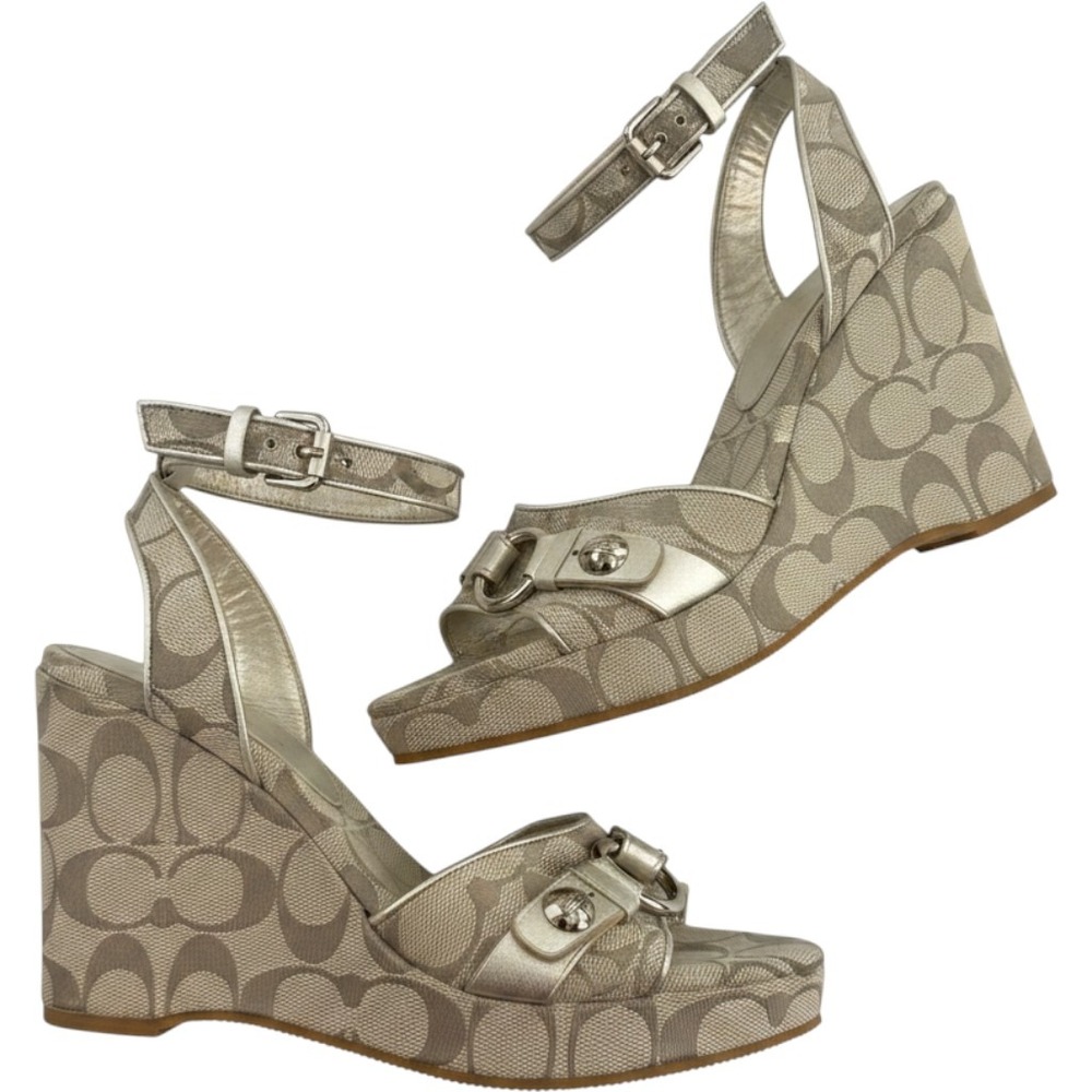 Coach Wedge Sandals Womens 8B Silver Signature C Jacquard Y2K Platform Jody